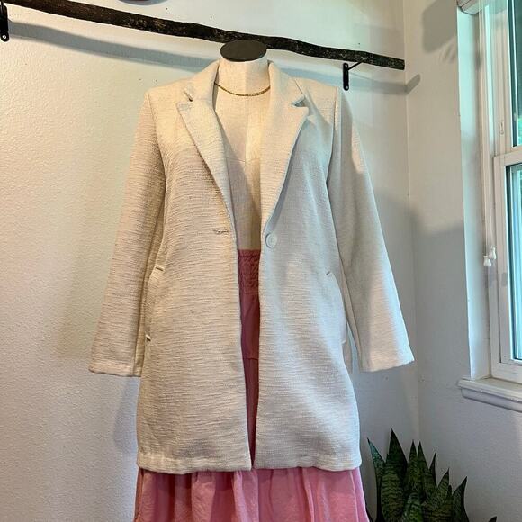 Old Navy Cream Textured Boucle Single Button Pockets Long Jacket Size Large - Picture 10 of 10